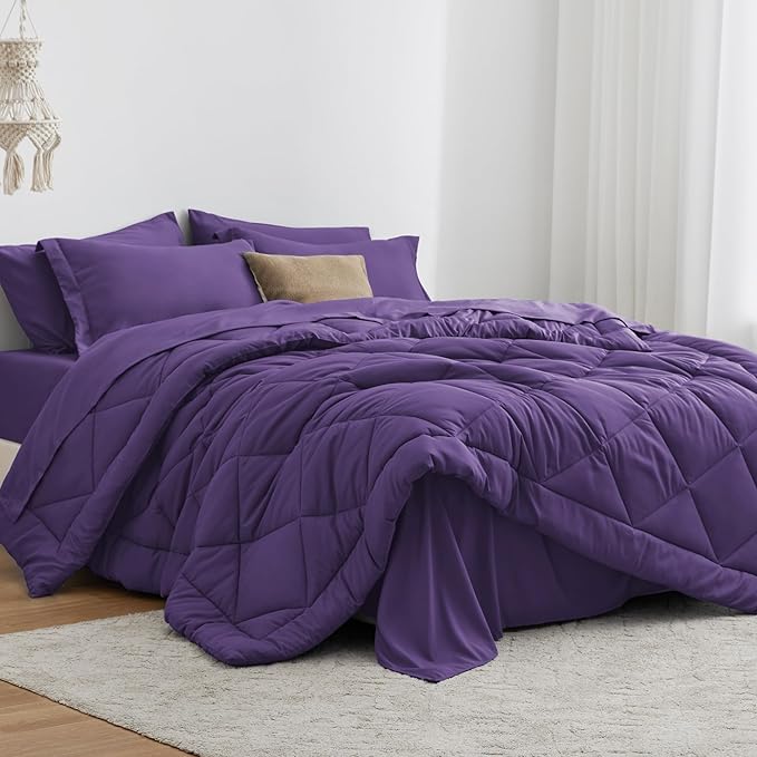 Love's cabin Twin XL Comforter Set Purple, 5 Pieces Twin XL Bed in a Bag, All Season Bedding Sets with 1 Comforter, 1 Flat Sheet, 1 Fitted Sheet, 1 Pillowcase and 1 Pillow Sham | Soft, Breathable, Lightweight, Comfortable