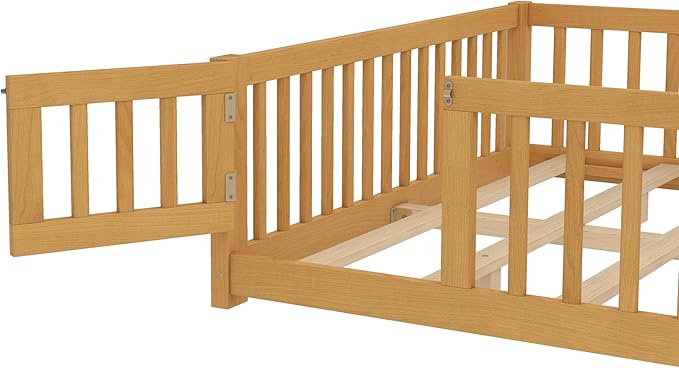 Bellemave Queen Floor Bed with Slats and Door, Queen Size Montessori Floor Bed with Fence and Door, Easy Assemble Montessori Beds Frame for Girls, Boys, Natural