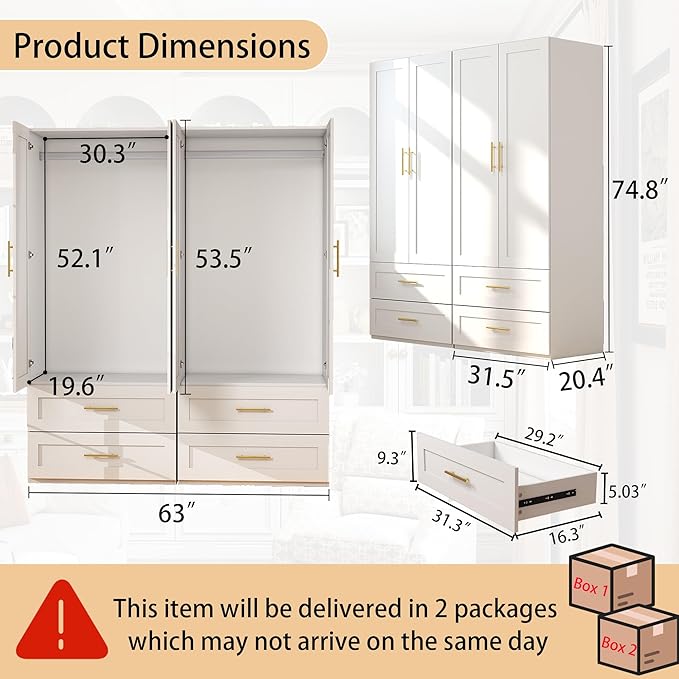 White Wardrobe with 4 Doors: 75" Tall Armoire Wardrobe Closet with 4 Drawers, Bedroom Closet Cabinet for Hanging Clothes, Wooden Storage Armoire with Shelves (Contemporary, 2)