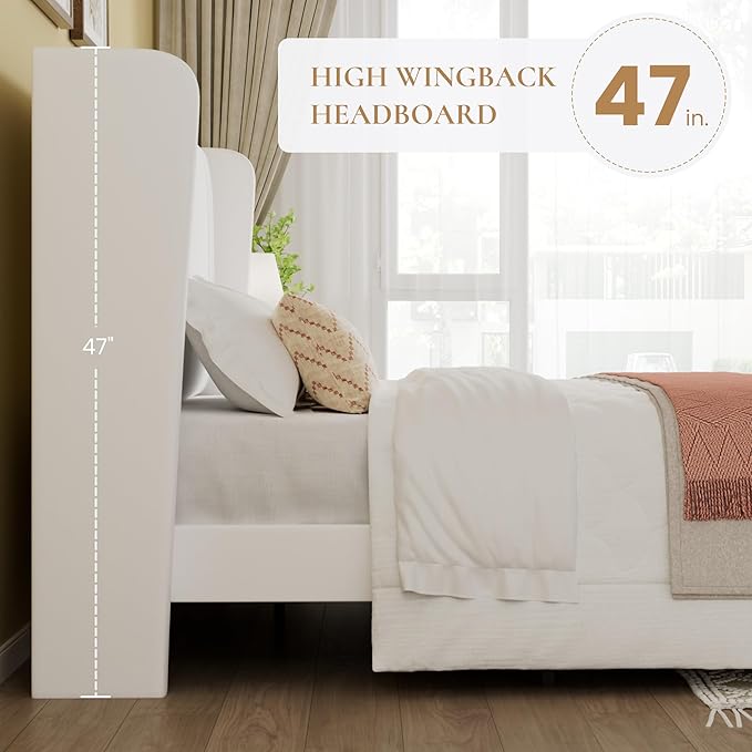SHA CERLIN Full Size Velvet Upholstered Platform Bed Frame with Vertical Channel Tufted Wingback Headboard, Wooden Slats Support, Easy Assembly, Under Bed Storage, No Box Spring Required, White