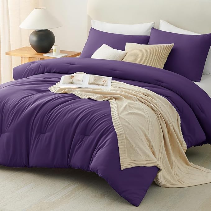 CozyLux Oversized King Comforter Set Purple, 3 Pieces 120x98 Solid Breathable Quilted Bedding Sets for All Seasons, Luxury Soft Lightweight Bed Set with Down Alternative Comforter and 2 Pillowcases
