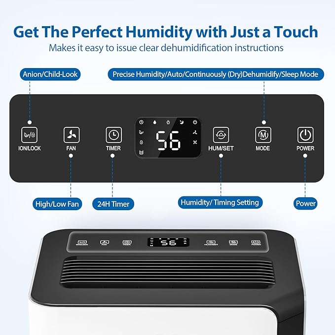 FreAire 54Pint Dehumidifier for 4500Sq.Ft, Compressor Dehumidifiers for Home, Front Humidity Value Display&Quiet Dehumidifier for Basement, Bedroom, Bathroom, with Drain Hose, 1.13 Gallon Water Tank
