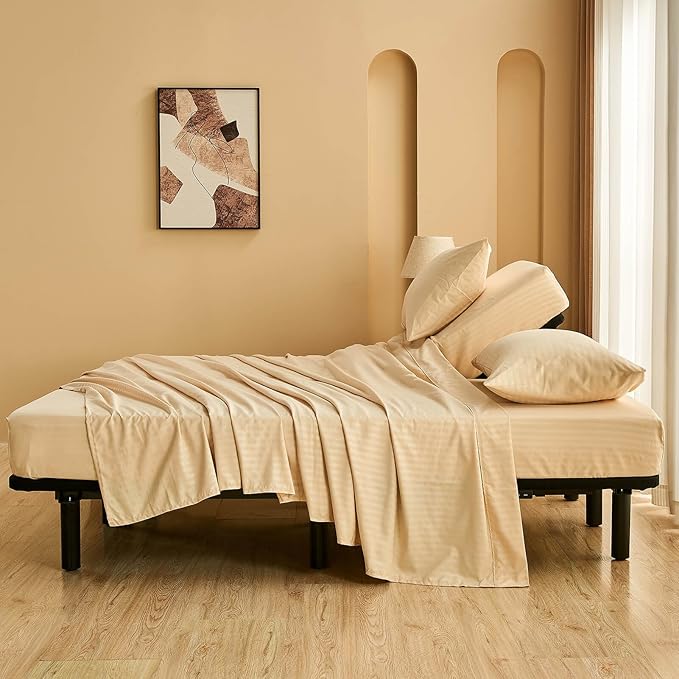 Kingnex Striped Split California King Sheets Sets for Adjustable Bed with Deep Pocket 5 Pieces Include 2 Cali Twin XL Fitted Sheets 1 Flat Sheet 2 King Size Pillowcases Beige