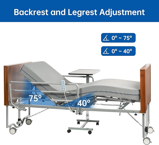 Hospital Bed with 5 Electric Functions, Ultra Low Electric Medical Bed with Movable Dining Table & 6" Foam Mattress, Adjustable Height 8”-23.4”, 530 lbs Capacity