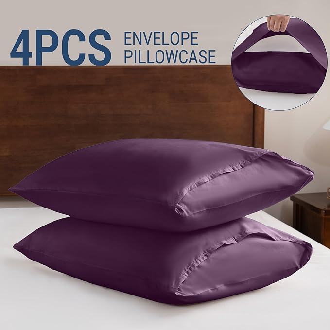 Pillowcases Standard 4 Pack, 20x26 Pillow Cases with Envelope Closure, Soft Plain Brushed Microfiber Covers Breathable Wrinkle-Resistant, Dark Purple