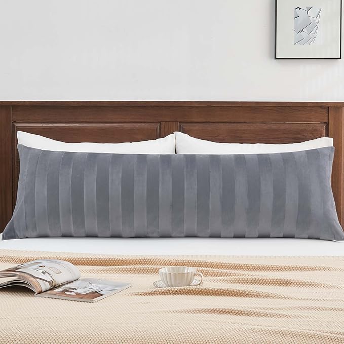 BEDELITE Velvet Body Pillow Cover with Zipper, Soft and Plush 20x54 Long Pillow Case, Velvety Smooth and Cozy Body Pillow Pillowcase for Bedroom, for All Seasons(Dark Grey-Stripe)