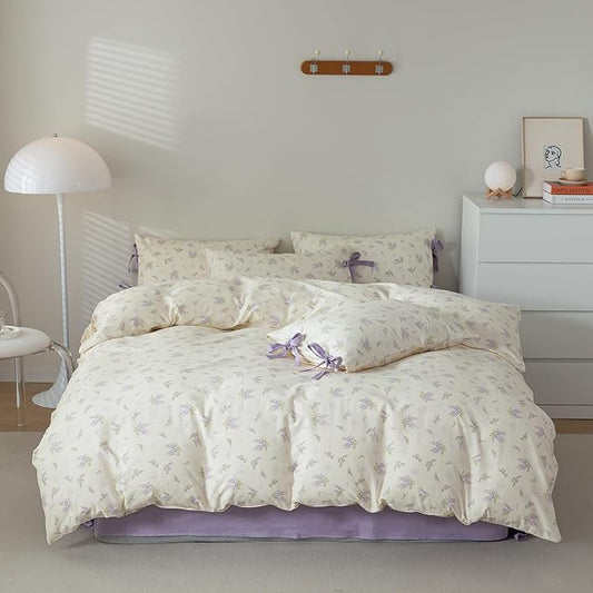 mixinni Lavender Flower Duvet Cover King Cotton Teenage Girls Flower Leaf Print 3pc Soft Cottage Ribbon Bedding Set Comforter Cover with Bowknot Pillowcase Perfect for Girls- (3pcs, King Size)