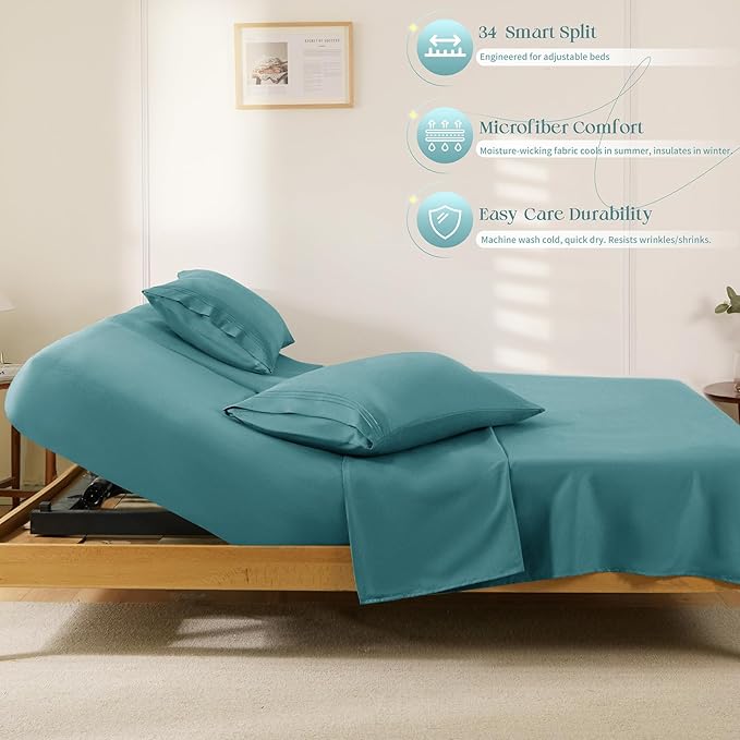 Manyshofu 4 Piece Split Head King Sheets Sets for Adjustable Bed Sheet, Flex Head Split Top King Sheets Teal Sheet Set - 1800 Thread Count Bedding Set with 14-16 Inch Deep Pockets