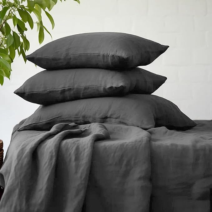 CHUFFED Linen Pillow Covers 2 Pack 100% Linen Pillow Cases, Breathable and Cooling Washed Pillow Shams with Zipper Closure for Bedding, 26x26 Inches,Dark Grey