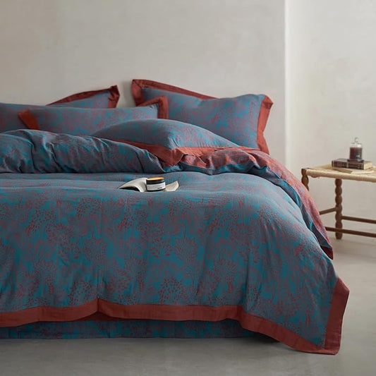 VM VOUGEMARKET Blue Red Duvet Cover Queen,3 Pieces Retro Jacquard Forest Theme Tree Leaves Bedding Set,Linen Cotton Yarn-Dyed Textured Duvet Cover with Zipper Closure