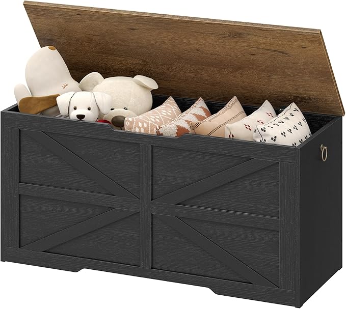 CHOEZON Storage Chest, 39.4" Wooden Storage Trunk, Modern Storage Bench with Safety Hinge, Toy Box, Farmhouse Style, for Bedroom, Living Room, Walnut and Black MCW10BL