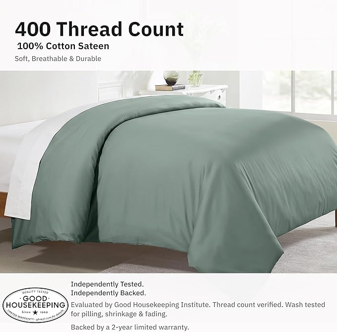 Full/Queen Size Duvet Cover Only - Natural 100% Cotton, Premium 400 Thread Count Queen Duvet Cover Cotton, Soft Sateen Weave, Button Closure and Corner Ties - Sage Green