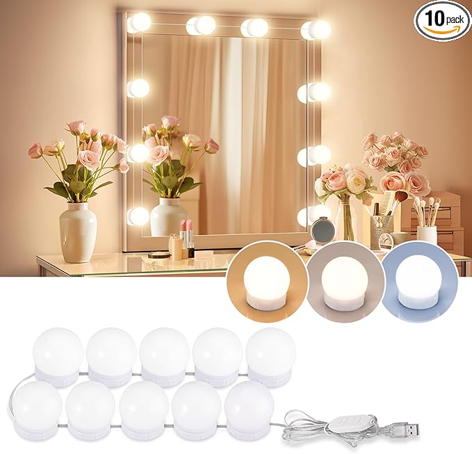 LED Vanity Lights For Mirror, Consciot Hollywood Style Vanity Lights With 10 Dimmable Bulbs, Adjustable Color & Brightness, USB Cable, Mirror Lights Stick on for Makeup Table Dressing Room Mirror