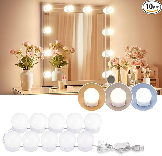 LED Vanity Lights For Mirror, Consciot Hollywood Style Vanity Lights With 10 Dimmable Bulbs, Adjustable Color & Brightness, USB Cable, Mirror Lights Stick on for Makeup Table Dressing Room Mirror