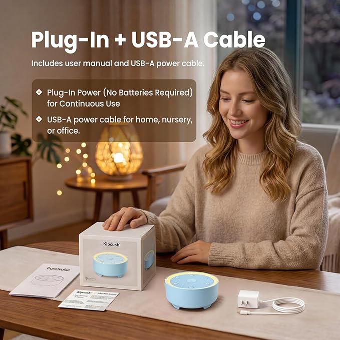 Kipcush Sleep Sound Machine - 21 High-Fidelity Non-Looping Sounds, Portable White Noise Machine for Baby, Kids & Adults, Dimmable Night Light, 6 Auto-Off Timers, USB Powered for Travel, Home & Office