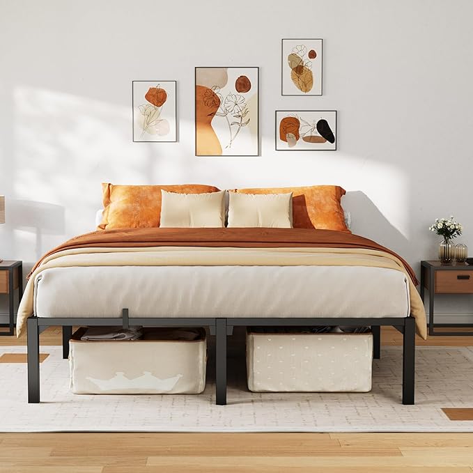 16 Inch Queen Metal Bed Frame, Heavy Duty Metal Platform Bed Frame with Reinforced Slats Support, 800 Lbs Load Capacity, Noise Free, No Box Spring Needed and Screws , Tool-Free Assembly Bed Frame