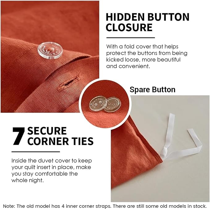 Simple&Opulence 100% Linen Duvet Cover Set 3pcs Basic Style Natural French Washed Flax Solid Color Soft Breathable Farmhouse Bedding with Button Closure - Brick Red, Queen