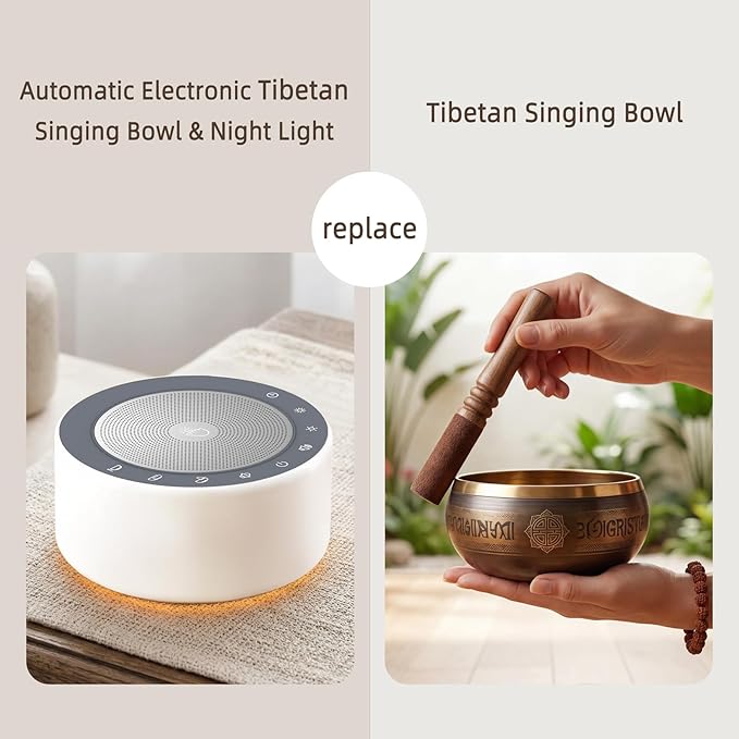 Kipcush Automatic Tibetan Meditation Bowl Sound Machine - 7 Himalayan Tones + 7 Color Night Light - Timer & Touch Control - No Manual Striking for Yoga, Chakra Healing, Stress Relief - Plug In