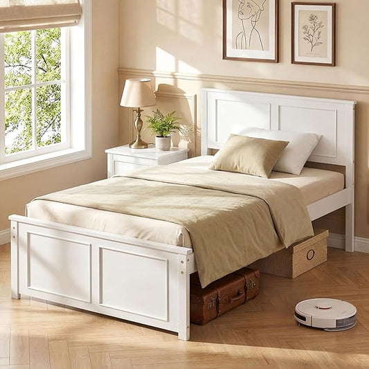 Giantex Wood Twin Bed Frames with Headboard, Farmhouse Solid Platform Bed w/Wooden Slat Support Mattress Foundation, Under-Bed Storage, No Box Spring Needed, White