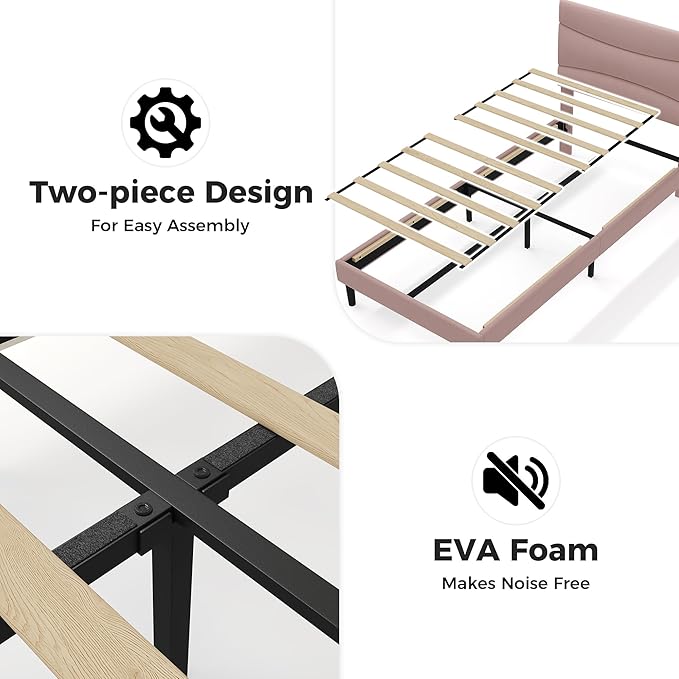 GarveeHome Twin XL Modern Upholstered Bed Frame with Soft Padded Headboard,Sturdy Metal Steel Slat Support, Noise-Free Quiet Design,Easy Assembly,Heavy Duty Stable Bed Frame(Pink)
