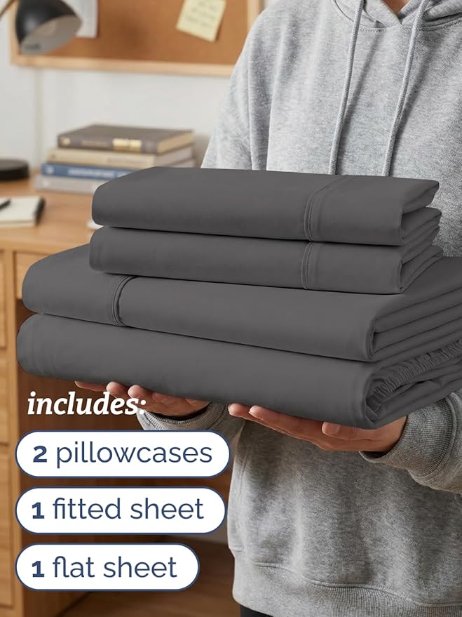 Twin XL 4 Piece Sheet Set - Comfy Breathable & Cooling - Hotel Luxury Bedding for Women, Men, Kids, Teens & Children - 1 Flat & 1 Fitted Sheet & 2 Pillowcases w/ Deep Pockets, Wrinkle Free - Dark Grey