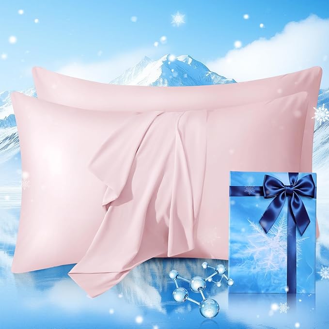 Cooling Pillow Cases 2 Pack Standard Size Cooling Pillowcases for Hot Sleeper Q-Max>0.5, Hydrates Skin & Hair, Reduces Wrinkles & Frizz, Soft Smooth Silky Pillowcases Envelope Set of 2, Pink