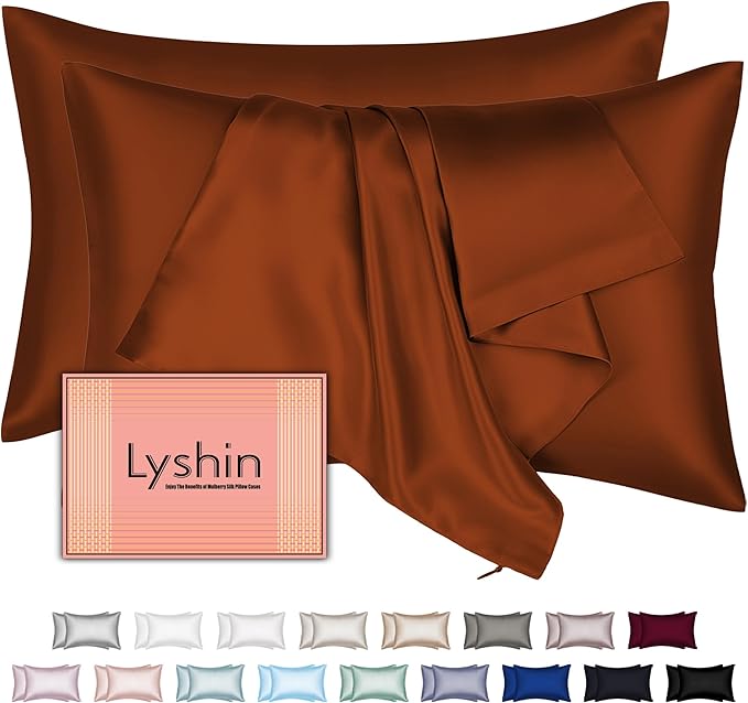 Silk Pillow Cases 2 Pack Standard Size with Hidden Zipper, Mulberry Silk Pillowcase for Hair and Skin, Smooth and Soft Breathable Cooling Silk Satin Pillowcase Set of 2, Gifts for Women，Burnt Orange