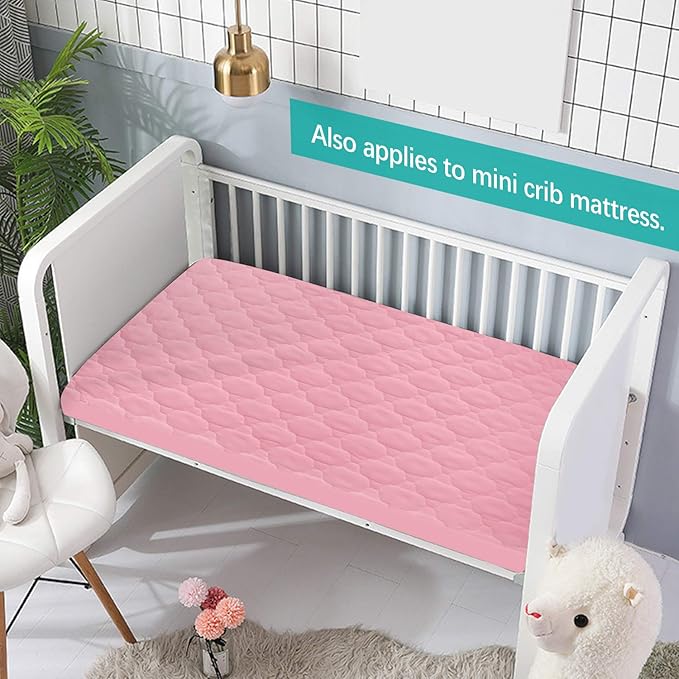 Mattress Pad Cover for Pack and Play Girls, Ultra Soft Pink Waterproof Playard Sheet|Mini Crib Sheet Quilted 39" x 27" fits for Baby Foldable and Playard Mattress, Portable Mini Crib