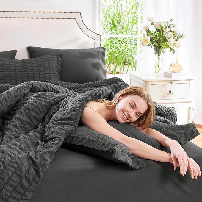 CozyLux Oversized King Comforter Set Dark Grey Seersucker 7 Pieces 120x98 Bed in a Bag Comforter Set with Sheets, Dark Gray Luxury Bedding Sets Down Alternative Comforter, Sheets, Pillowcases & Shams
