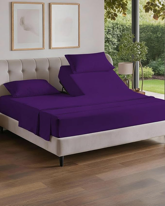 Flex Top Split Head King 4 Piece Sheet Set - Ultra-Soft, Breathable & Cooling Bed Sheets Set - Hotel Luxury Bedding for Women & Men w/ Deep Pockets - Wrinkle Free & Fade Resistant - Oeko-Tex - Purple