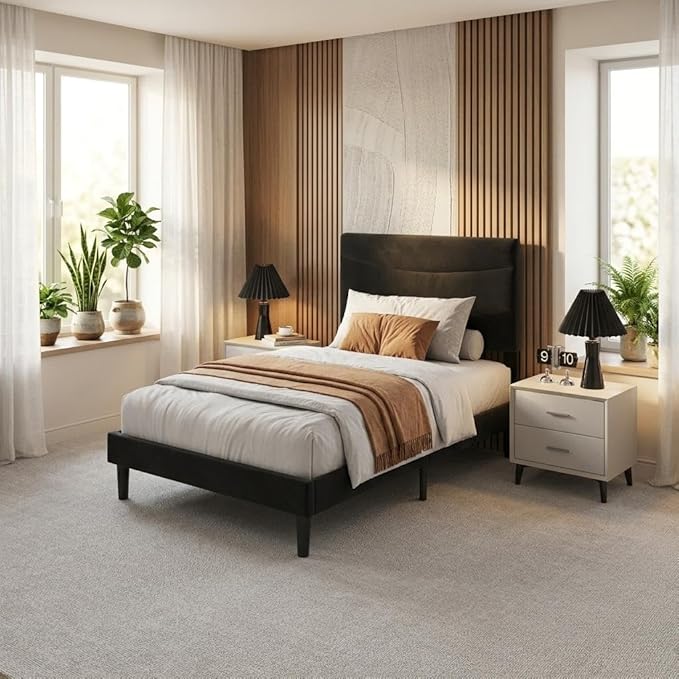 IDEALHOUSE Twin XL Upholstered Platform Bed Frame with Ergonomic Headboard, Beige Soft Fabric, Heavy Duty Wooden Slats, Noise-Free, 6.3" Underbed Storage, No Box Spring Needed, Easy Assembly