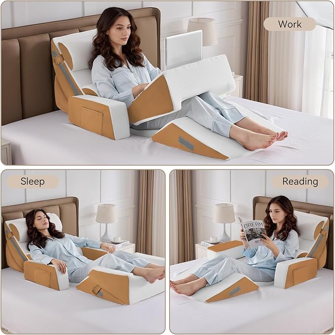 Yojoker 9PCS Orthopedic Bed Wedge Pillow Set for Sleeping, Back and Leg Pain Relief, Post Surgery Foam Pillow for Body, Triangle Adjustable Support Pillow - Acid Reflux Sleeping Pillows Brown