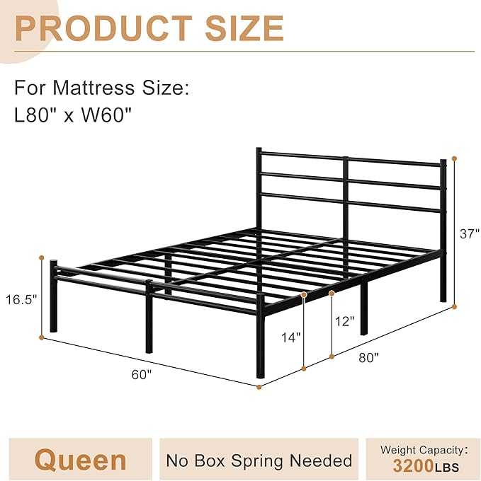 Yicensen Queen Bed Frame with Headboard and Footboard, 14 Inch Metal Platform Bed Frame Queen Size with Steel Slat Support, No Box Spring Needed, Noise Free, Easy Assembly, Black