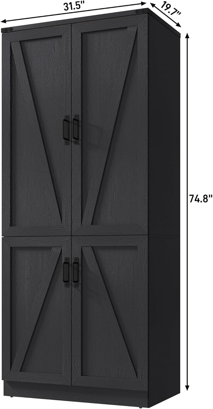 Hlivelood 75" Tall Farmhouse 2 Doors Armoire Wardrobe Closet with LED,Freestanding Closet Wardrobe Cabinet for Bedroom with Hanging Rod,Wooden Armoire Storage Cabinet with Adjustable Shelves(Black)