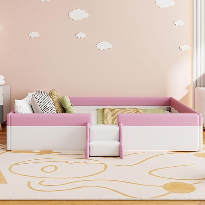 Merax King Size Kids Floor Bed, Daybed Frame with Fence and Stairs, White+Pink Upholstered Wood Bed for Living Room