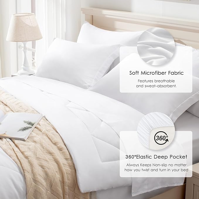 Love's cabin California King Comforter Set White, 7 Pieces California King Bed in a Bag, All Season Bedding Sets with 1 Comforter, 1 Flat Sheet, 1 Fitted Sheet, 2 Pillowcase and 2 Pillow Sham | Soft, Breathable, Lightweight, Comfortable