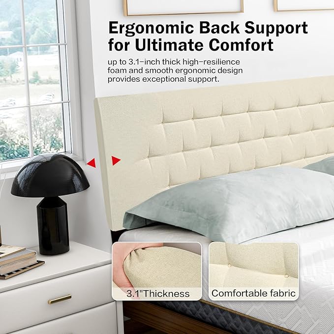 Upholstered Headboard Queen Size, 59" x 23" Easy No-Tools Wall Mounted Bed Headboards, Modern Linen Button Diamond Tufted Design, Beige