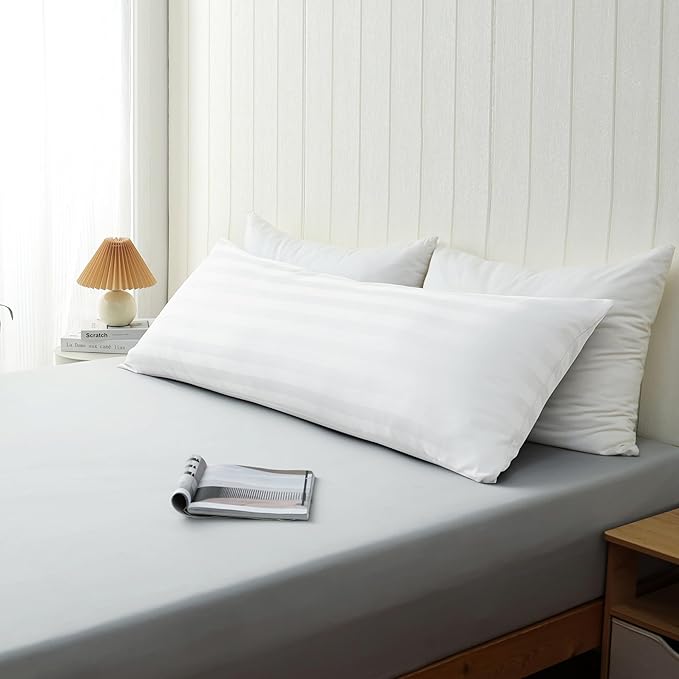 100% Cotton Soft Body Pillow Protectors with Invisible Zipper 20X54 Inches Body Pillow Cases, 600 Thread Count Soft Pillow Cases, Striped White Color 1-Pack