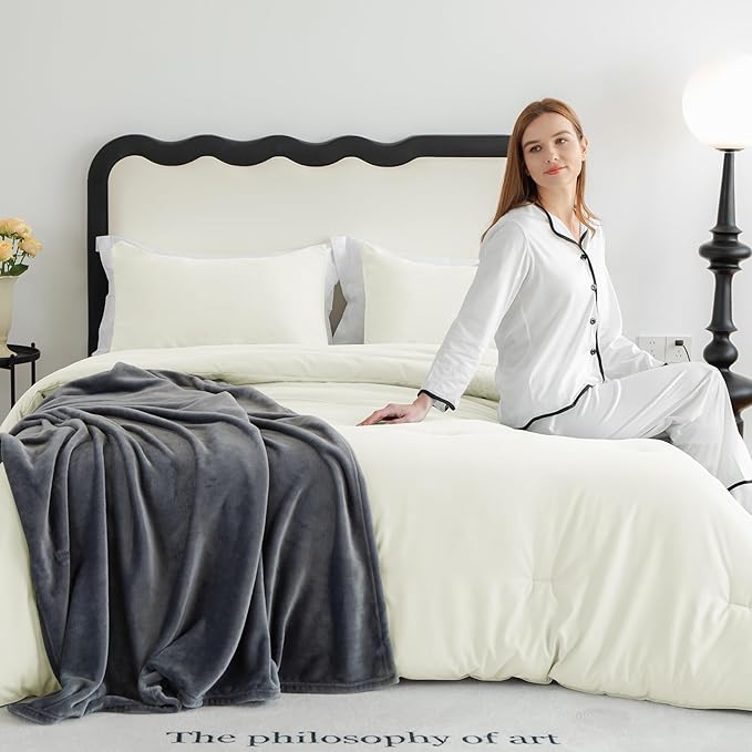 CozyLux Full Size Comforter Set Ivory, 3 Pieces Solid Breathable Quilted Bedding Sets, Luxury Lightweight Soft Bed Set with Down Alternative Comforter and 2 Pillowcases for All Seasons