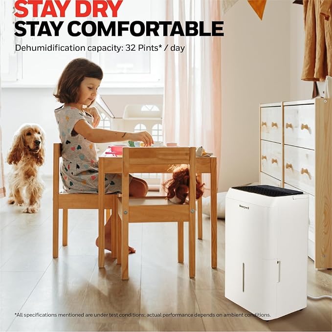 Honeywell 32-Pint ENERGY STAR Dehumidifier for 3,000 Sq Ft – Laundry Mode, Auto-Comfort Mode & Thermal Overload Protection, TPFIT32WK