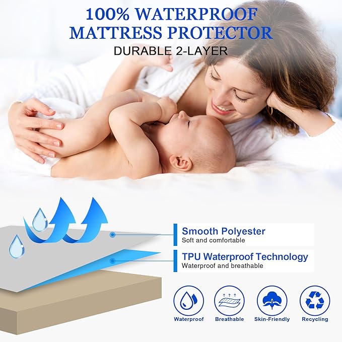 Sufdari Waterproof Mattress Protector, Mattress Cover Twin Size for Bed,18" Deep Pocket Fitted Sheet Style Mattress Protector with Elastic Rubber Band-Light Tan,Twin