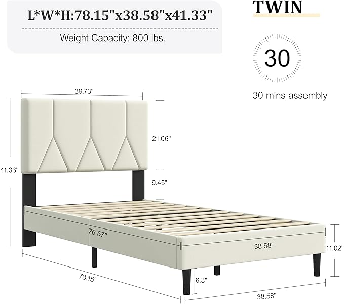Twin Bed Frame, Padded Platform Bed Frame with Velvet Headboard, Vertical Quilted Design, Sturdy Slatted Mattress Base, No Spring Mattress Required, Easy to Assemble, Beige