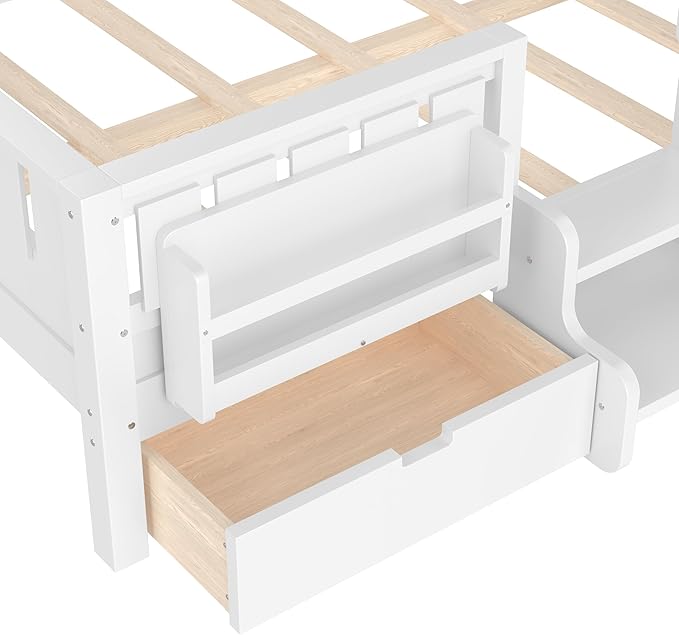 Bellemave Full Size Kids Montessori Bed with Stairs and Bookshelf,Solid Wood Full Size Kids Bed Frame with Drawers and Storage for Girls Boys,Low-Profile,White