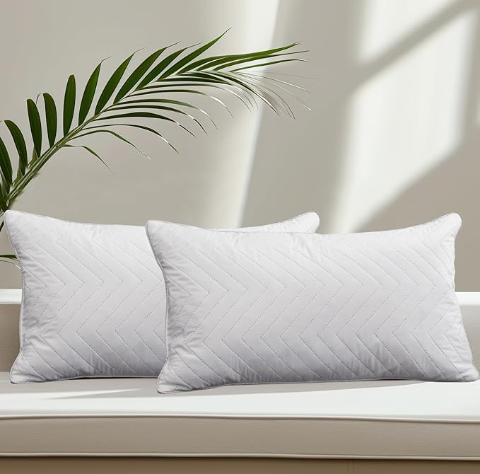 Bafode Goose Feathers Throw Pillow Inserts Set of 2, 12x20 Luxurious Corrugated Quilting Euro Decorative Pillows Insert with Exquisite Silver-Grey Satin Edging, Perfect for Couch, Bed, Sofa