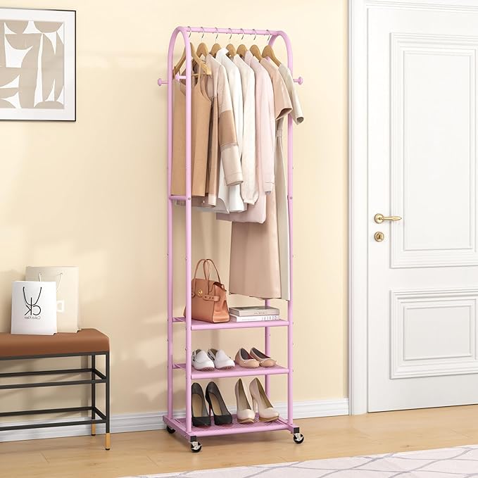 Kaitiemoo Heavy Duty Clothing Rack with Wheels,Modern Garment Rack with 3 Metal Shelves, 71.8Inches Display Rack for Hanging Clothes, Hanging Rod for Small Space,Pink