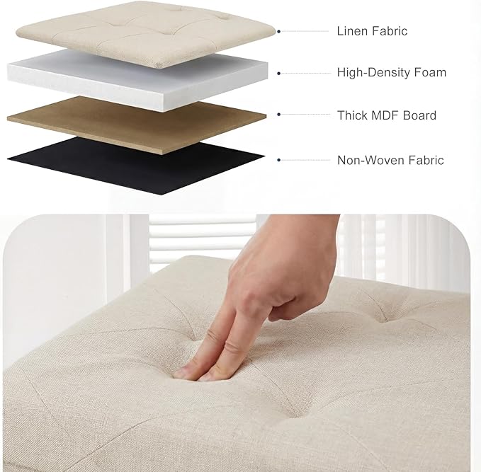 DUMOS 43in Foldable Storage Ottoman Bench, Storage Chest, Large End of Bed Foot Rest Stool with Padded Seat, Bedroom Bench for Living Room, Support 660lbs, Camel