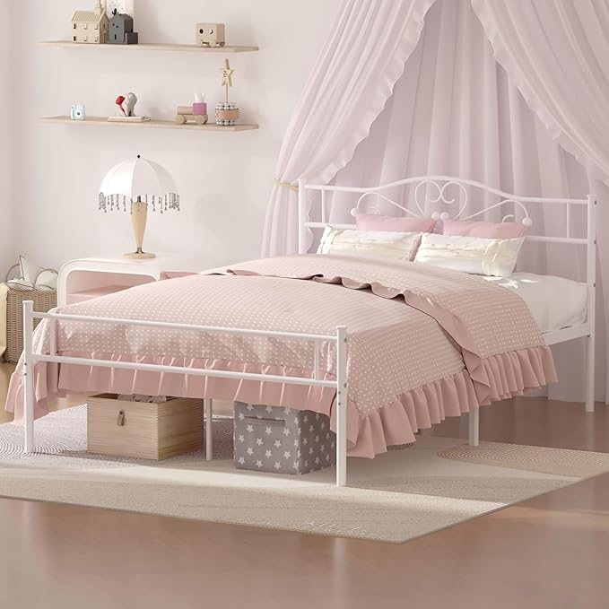 VECELO 14 Inch Full Size Metal Platform Bed Frame with Headboard and Footboard, Heavy Duty Mattress Foundation with Steel Slats Support, No Box Spring Needed, White