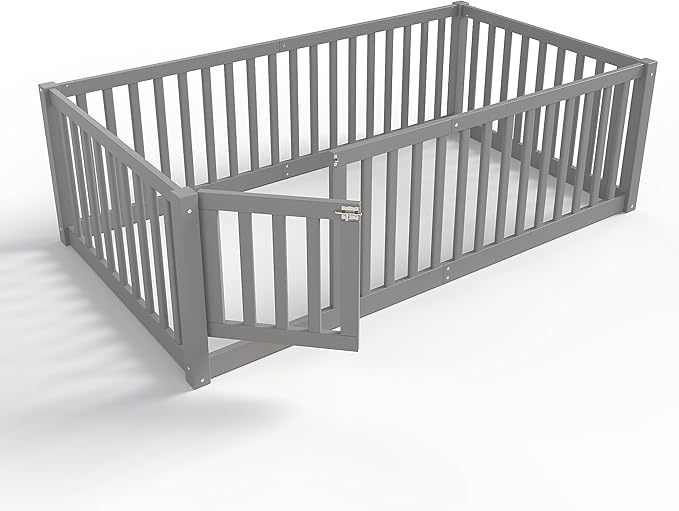 Bellemave Twin Size Montessori Floor Bed with 23.5" High Rails, Pine,Plywood Floor Bed with Small Door, Grey