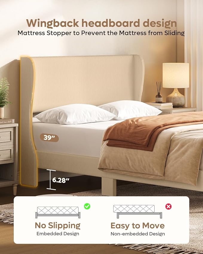 Bestier Full Bed Frame with Wingback Headboard,Upholstered Platform Full Size Bed with Strong Wooden Slats,No Box Spring Needed,Never Squeaks,Easy Assembly,Taupe