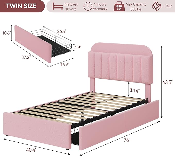 IDEALHOUSE Twin Bed Frame for Kids, Boucle Upholstered Platform Bed for Girls with 2 Flexible Drawers, Bookcase Headboard, Noise-Free, Easy Assembly, No Box Spring Needed, Pink